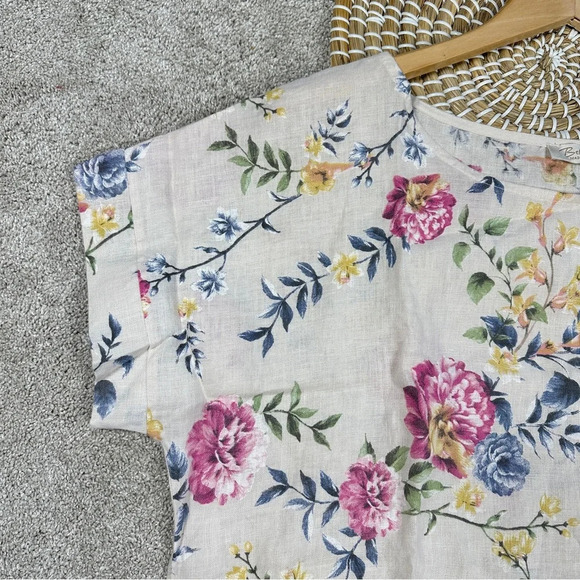 Bella Umbra 100% Linen Blouse Light Tan Floral Shortsleeve Made in Italy Size M - Picture 2 of 13